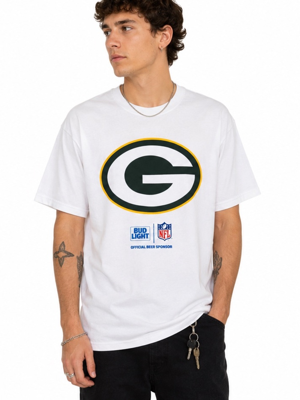 Green Bay Packers Bud Light NFL Logo Graphic T-Shirt White Adult Large
